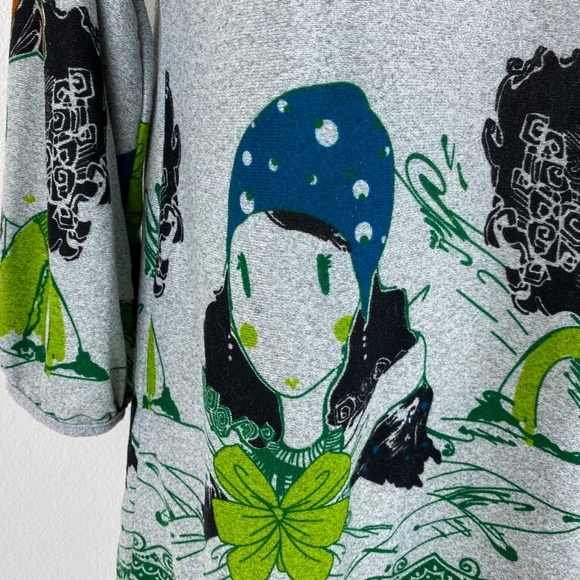 Womens Anime Girls Border Print Tunic Knit Dress Gray Green Black 3/4 Sleeves SM - Picture 5 of 9